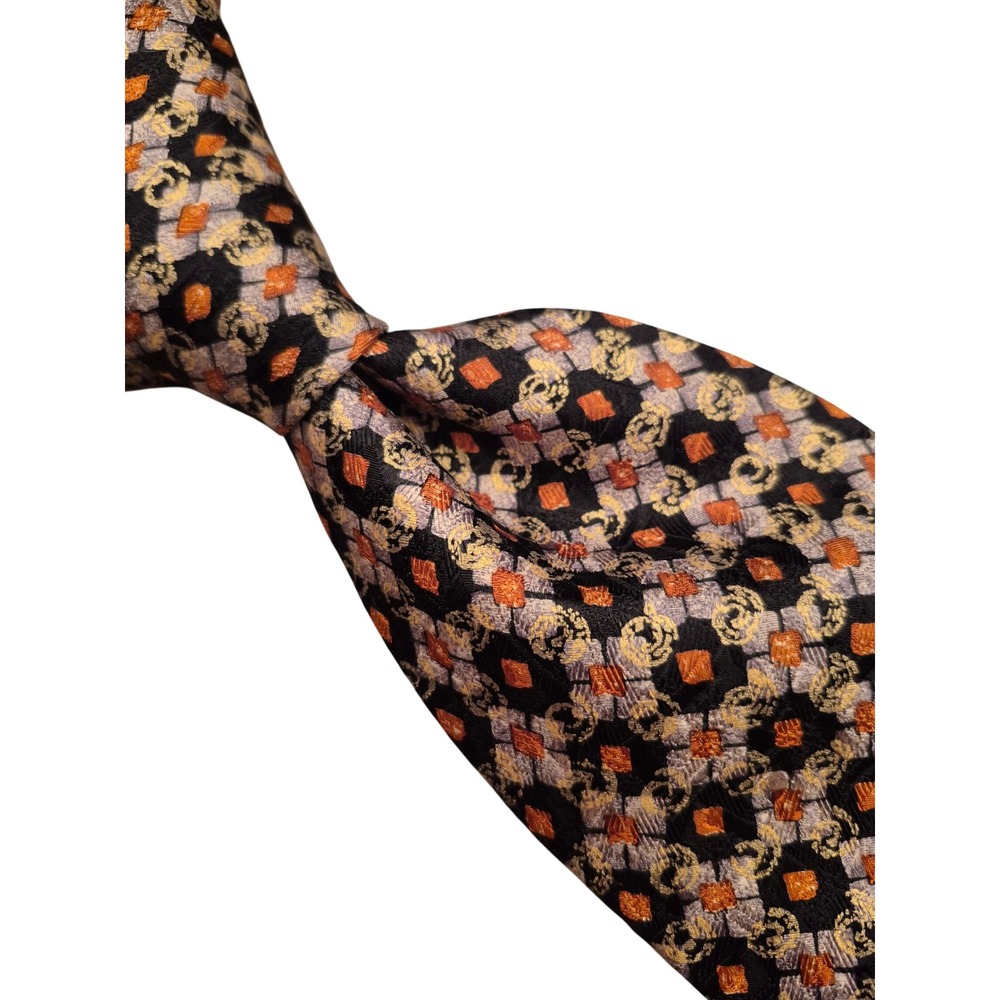 Ermenegildo Zegna Silk Tie Orange Black Geometric Disegno Esclusivo Mens Necktie